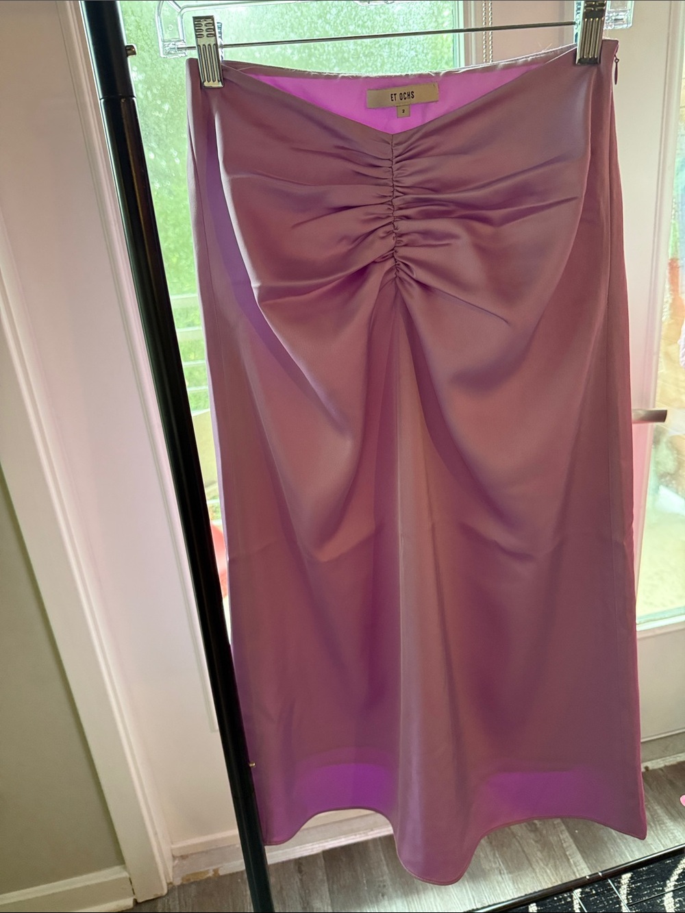 ET OCS Lilac Ruched Front Satin Midi Skirt
